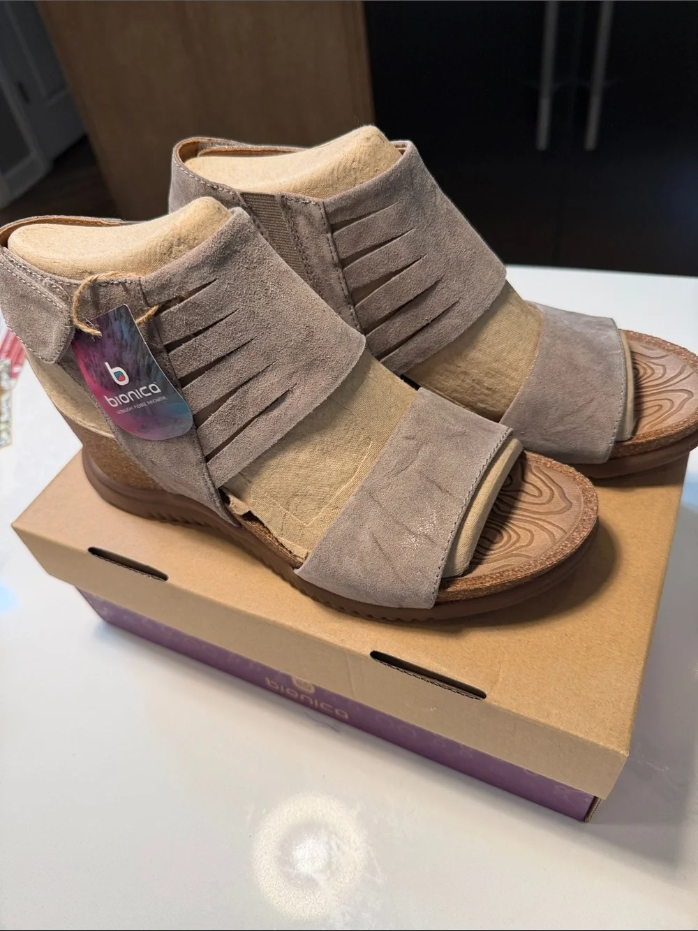 Bionica Gracen Taupe Suede Cutout Wedge Sandals Size 11